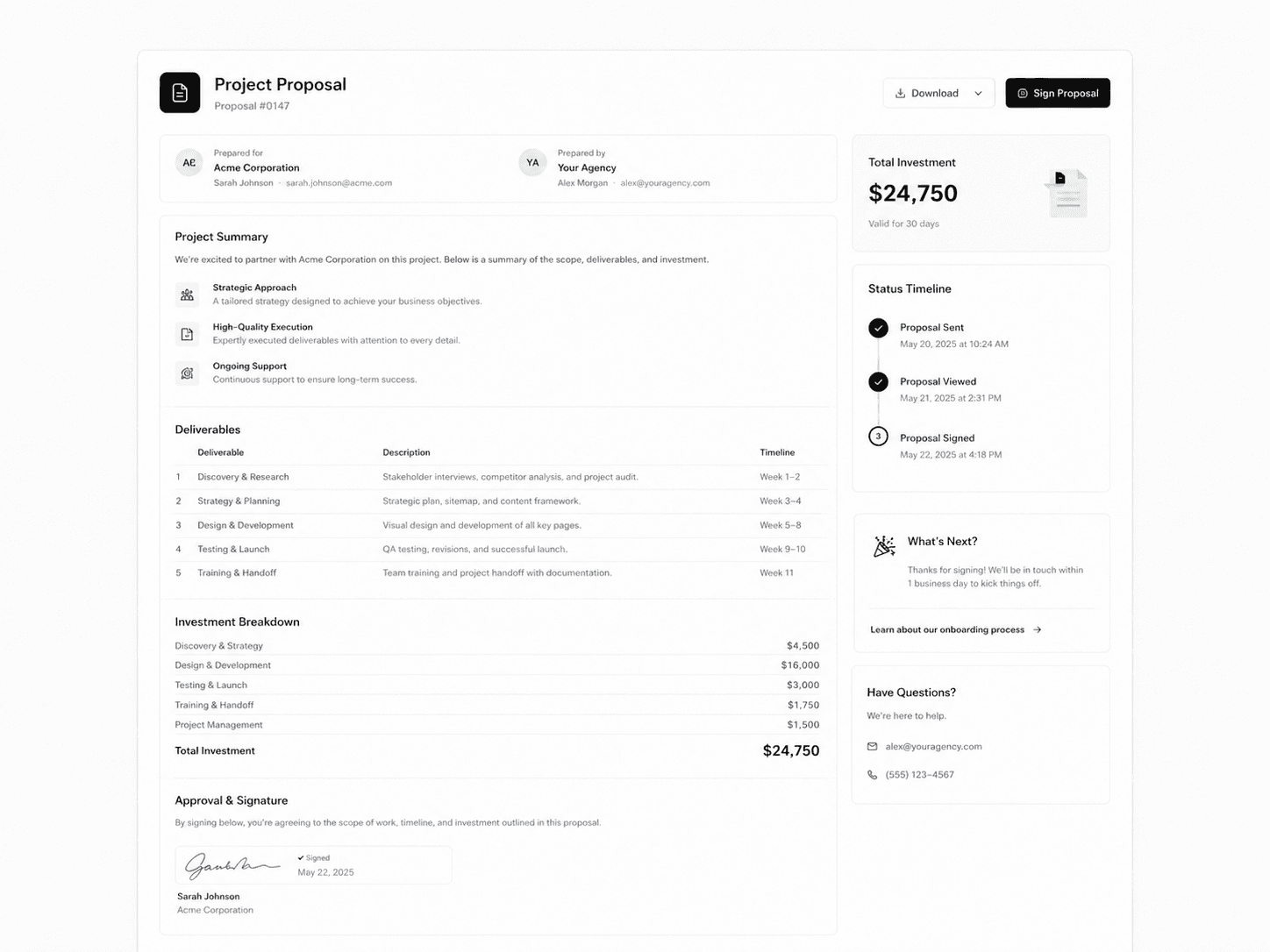 Sales proposal automation with project scope pricing approval timeline and digital signature