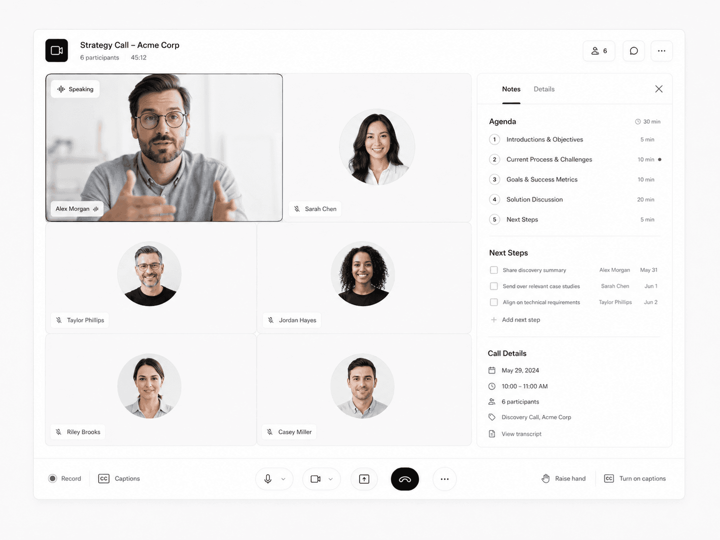 Sales strategy call interface with participant context agenda notes and next steps