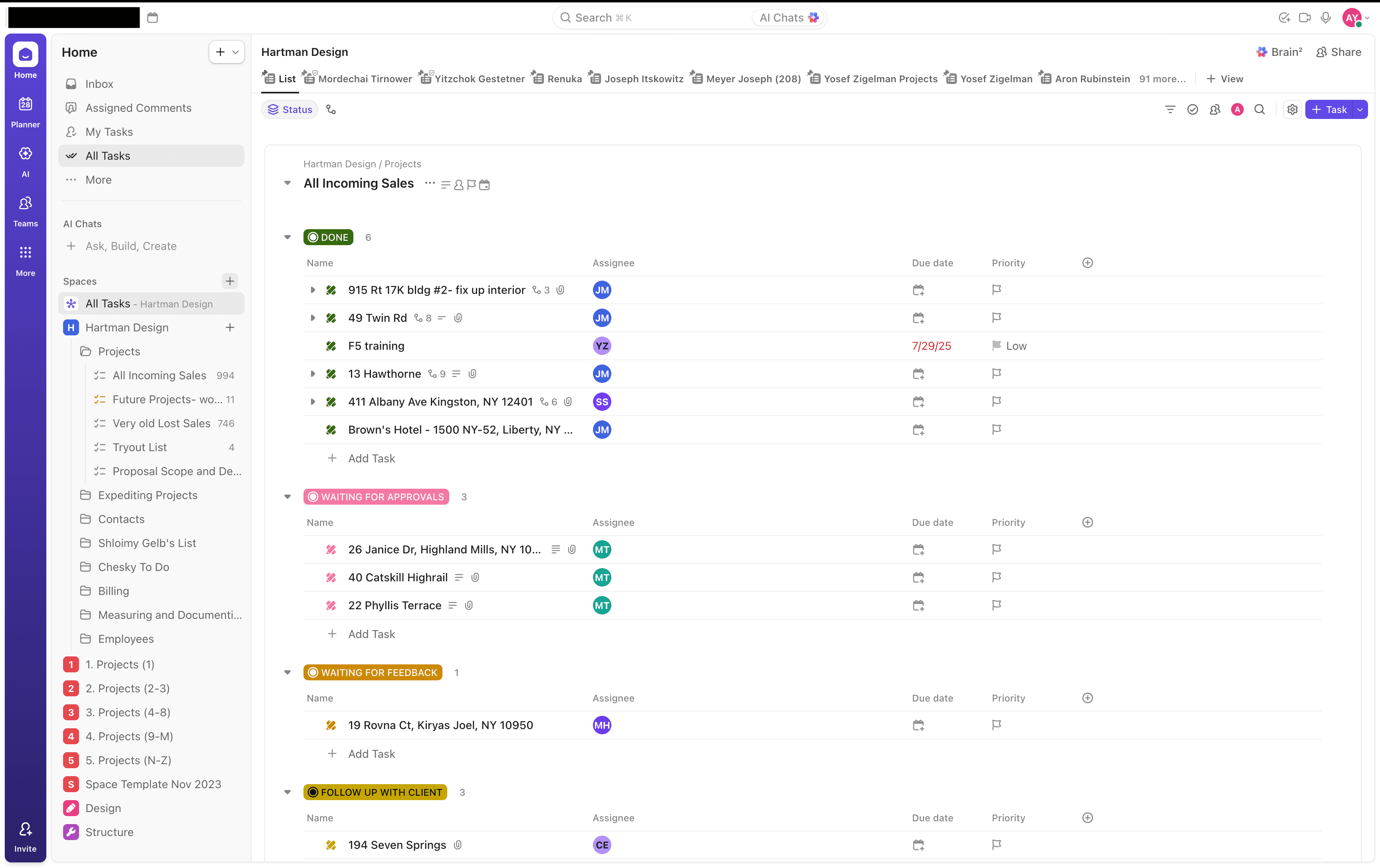 Managed Project Board ClickUp project coordination board with active project statuses